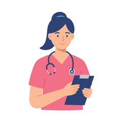 Female Nurse with Stethoscope and Clipboard.