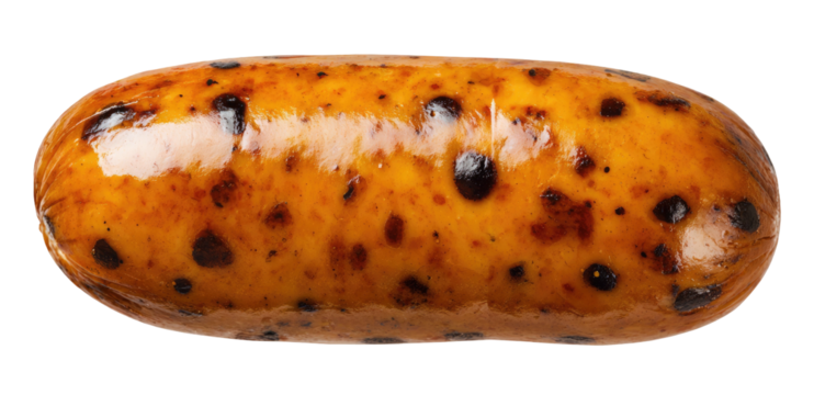 A close-up studio shot of a sausage, oval-shaped, golden with brown spots, glossy finish