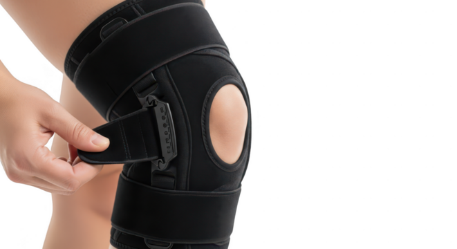 Person adjusting black knee brace isolated on transparent background