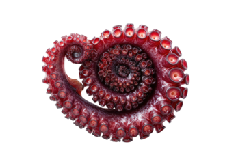 A close-up shot displays a spiral, curling tentacle segment from a deep red octopus