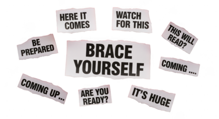 Torn newspaper clippings with warning messages isolated on transparent background