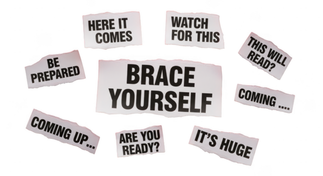 Torn newspaper clippings with warning messages isolated on transparent background