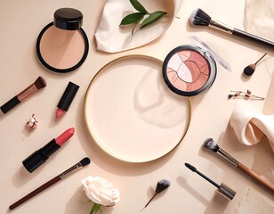 Cosmetic products arranged on a light beige background.  Flat lay