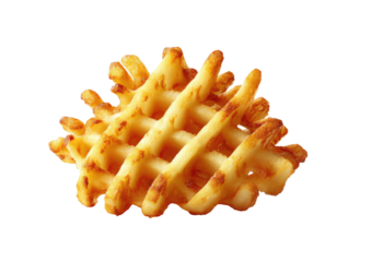Isolated close-up shot of golden-brown, crispy waffle-cut potato fry, isolated on black background