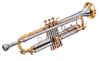 A detailed, high-angle shot of a shiny, two-toned brass trumpet on a black background