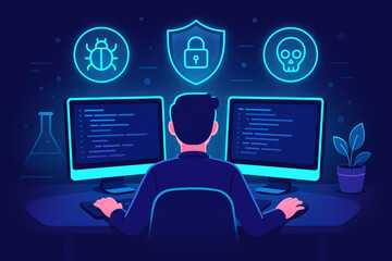 Hacker at Dual Monitors with Cyber Security Icons and Code cybersecurity computer