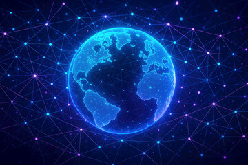 Obraz premium Glowing Digital Earth Connected by Network Lines and Nodes on Dark Background globe world