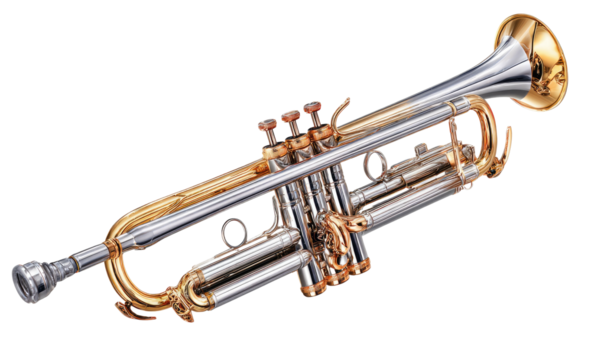 A detailed, high-angle shot of a shiny, two-toned brass trumpet on a black background