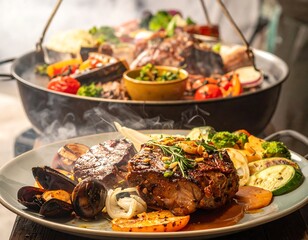 Gourmet grilled meats and vegetables on a plate, with a large shared cooking pot in the background