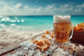 Refreshing pint of beer with crispy chips on a weathered blue table, overlooking the sandy beach and turquoise ocean during a bright, sunny day