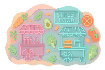 Obraz premium Neon pastel street food cart scene with vegetables and signage