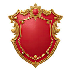 Ornate crest featuring a red center with golden trim and decorative flourishes on a black background