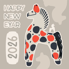 Happy new year. Dymkovsky toy horse. Inscription