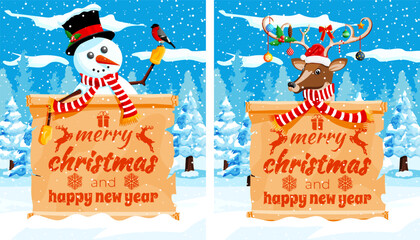 Two festive animated characters, a snowman and a reindeer, holding a Merry Christmas and Happy New Year scroll on a snowy background.