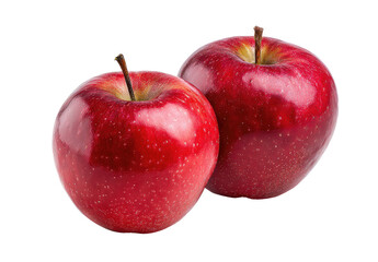 Two glossy, ruby-red apples sit closely on a dark background, showing fine details