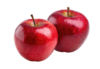 Two glossy, ruby-red apples sit closely on a dark background, showing fine details