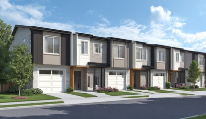 Modern row of townhouses with garages, front lawns, and clear blue sky backdrop