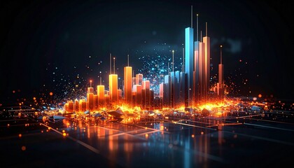 Abstract 3D visualization of stock market charts, broken into geometric fragments, glowing bars and lines symbolizing finance