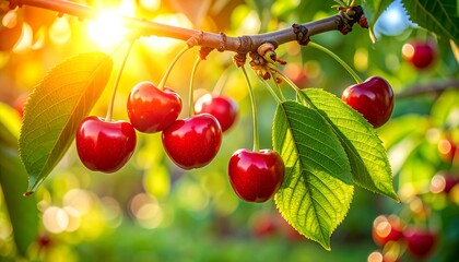 Ripe cherries hang from branches in a sunlit orchard