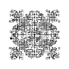 Fototapeta premium Complex network of interconnected black lines and squares forming an abstract circular pattern on white background