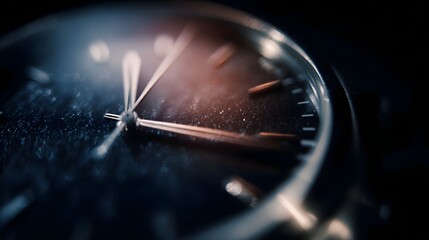 Close up of a modern watch face with hands pointing showcasing intricate details and dramatic lighting