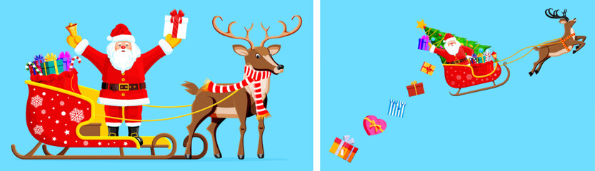 Santa Claus with gift box and bag standing with deer in sleigh and flying on reindeer for Merry Christmas.