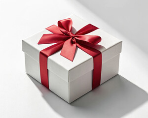 Obraz premium White gift box with red ribbon and bow, classic present on white background, anniversary celebration surprise packaging