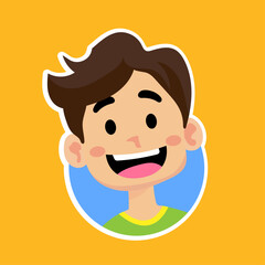 Guy with a wide smile on his face flat vector sticker character with hairstyle