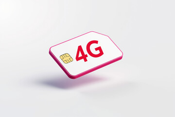 White 4G SIM card with red numbers and gold chip on white background, mobile communication