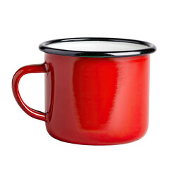 Shiny red mug with a black rim and handle, white interior, isolated against a black background