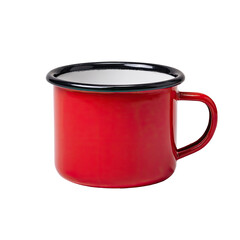 A vibrant red enameled metal mug, featuring a black rim and handle, against a black background