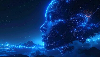 A woman's profile, glowing with city lights, against a night sky