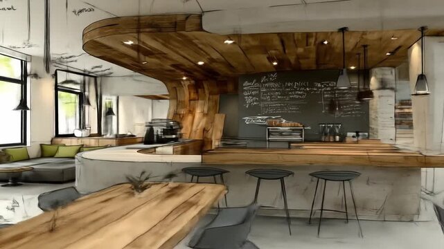 Modern cafe interior design with wooden accents and architectural detail