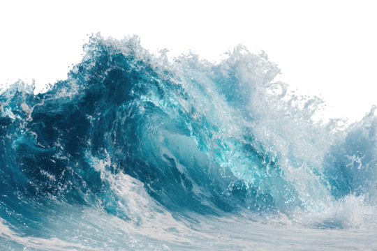 A transparent, cresting ocean wave, showcasing blue hues and white foam against a black background - Powered by Adobe