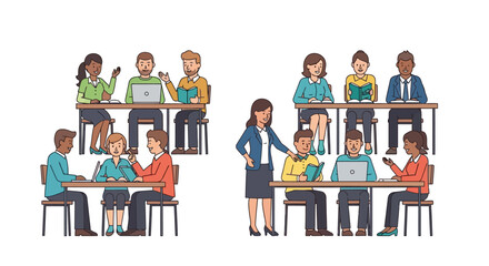 Diverse people in classroom or training seminar scenes.