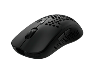Sleek, wireless black computer mouse with a honeycomb design for gaming