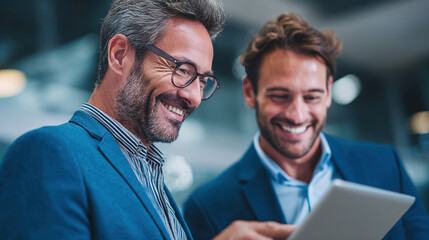 Smiling executives sharing ideas on tablet