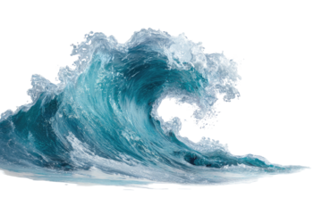 A large, transparent turquoise wave crests against a stark black background