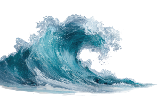 A large, transparent turquoise wave crests against a stark black background