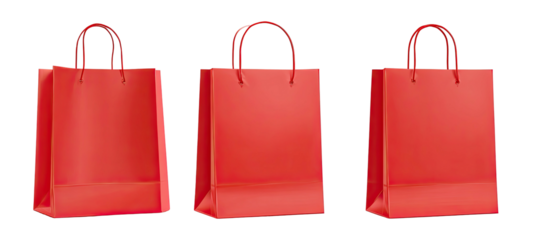 Three red shopping bags with handles, arranged side by side against a black background. Simple, clean design