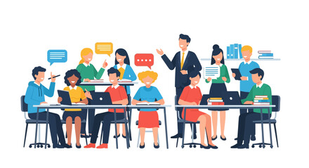 Diverse group of students and a teacher in a classroom setting.