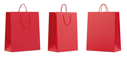 Three identical red shopping bags side-by-side, each with rope handles, isolated on black background