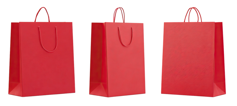 Three identical red shopping bags side-by-side, each with rope handles, isolated on black background