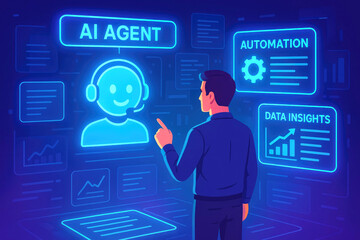Man interacting with AI agent interface showing automation and data insights artificial intelligence
