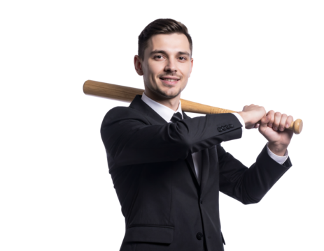 Businessman Swinging Baseball Bat — Transparent Background