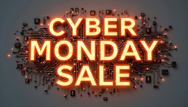 Cyber Monday Sale Graphic Glowing Orange Text with Circuit Board Background - Powered by Adobe
