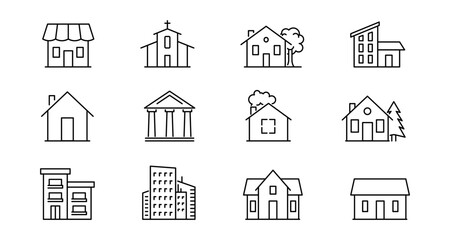 Simple line art of various building types in minimalist style