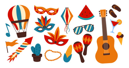 Colorful carnival festive objects and musical instruments on white background