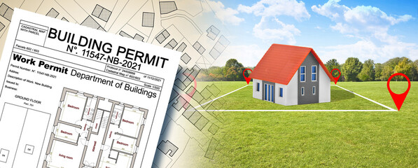 Land plot management - real estate concept with a vacant land available for building construction in a residential area for sale, imaginary cadastral map and residential home model