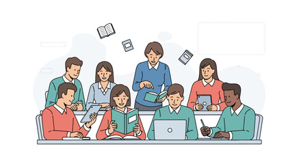 Group of students studying together in a classroom environment.